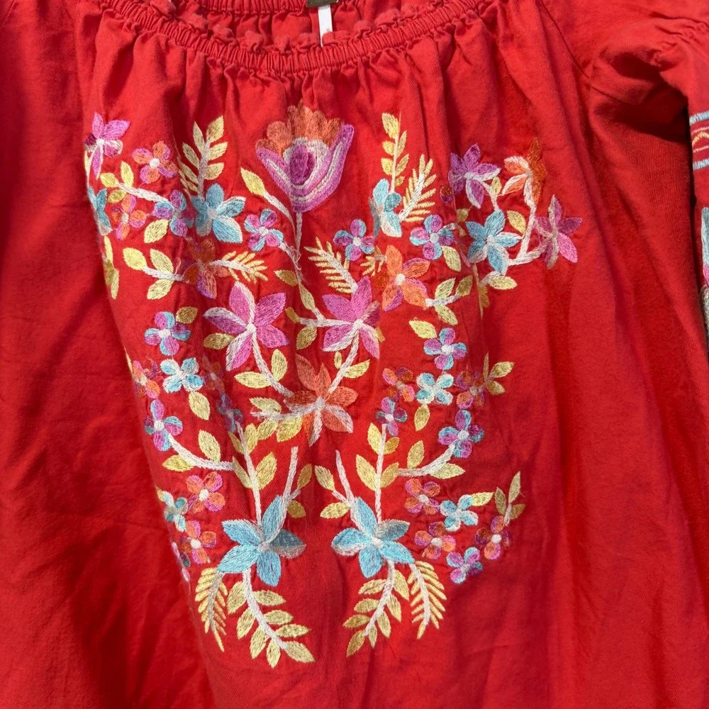 Free People Fleur Du Jour‎ Embroidered Off The Shoulder Mini Dress Cotton Boho L